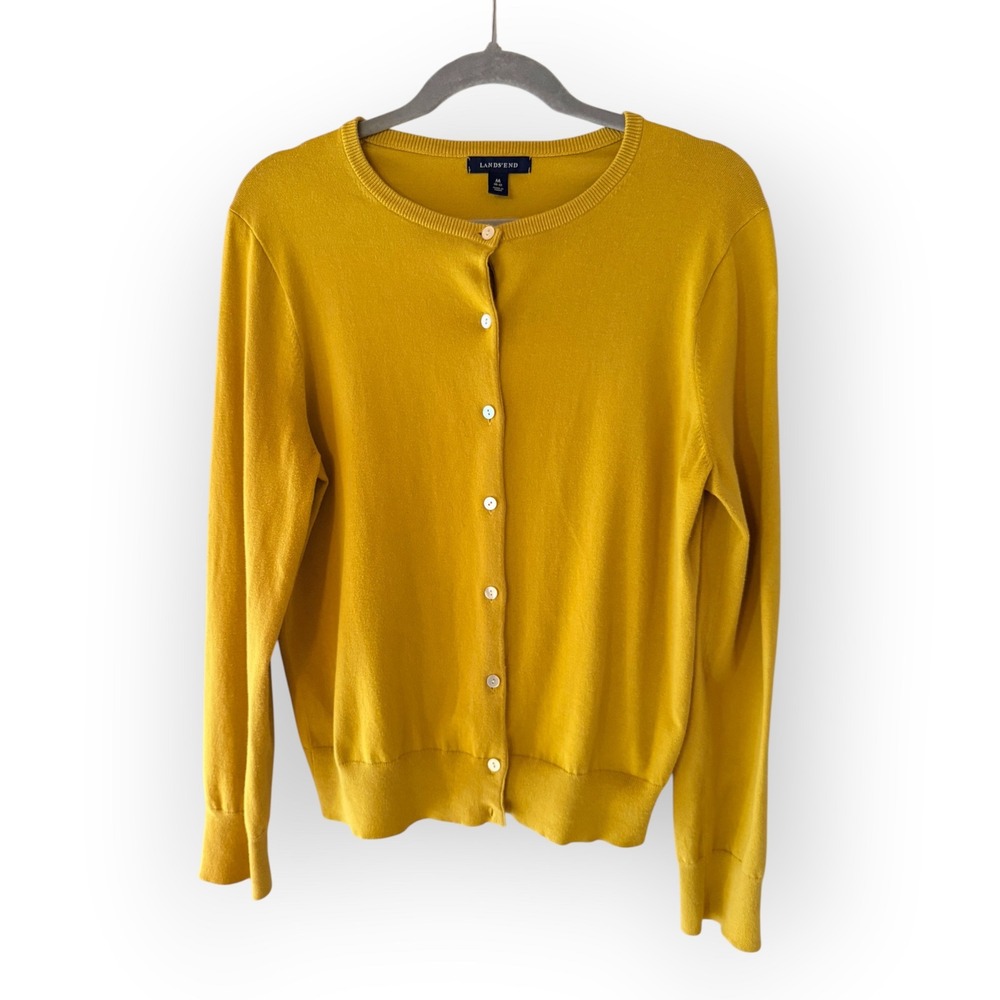 Lands' End Mustard Yellow Cotton Cardigan Sweater M Dark Academia Indie Preppy